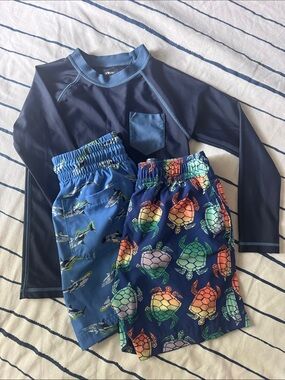Crewcuts Navy Rashguard with Blue Pocket & Two Blue Turtle and Shark Swim Trunks